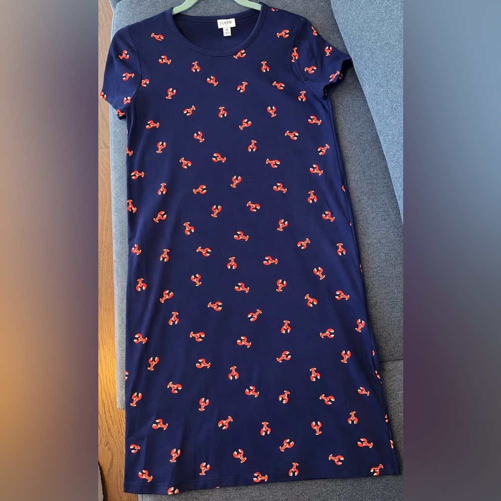 J. Crew Navy Midi Dress with Red Lobster Print